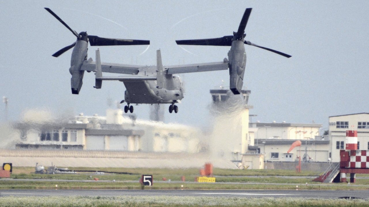 A U.S. military CV-22 Osprey takes off from Iwakuni base.