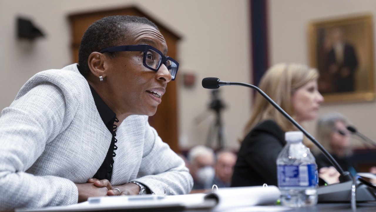 Harvard President Claudine Gay speaking at a congressional hearing.