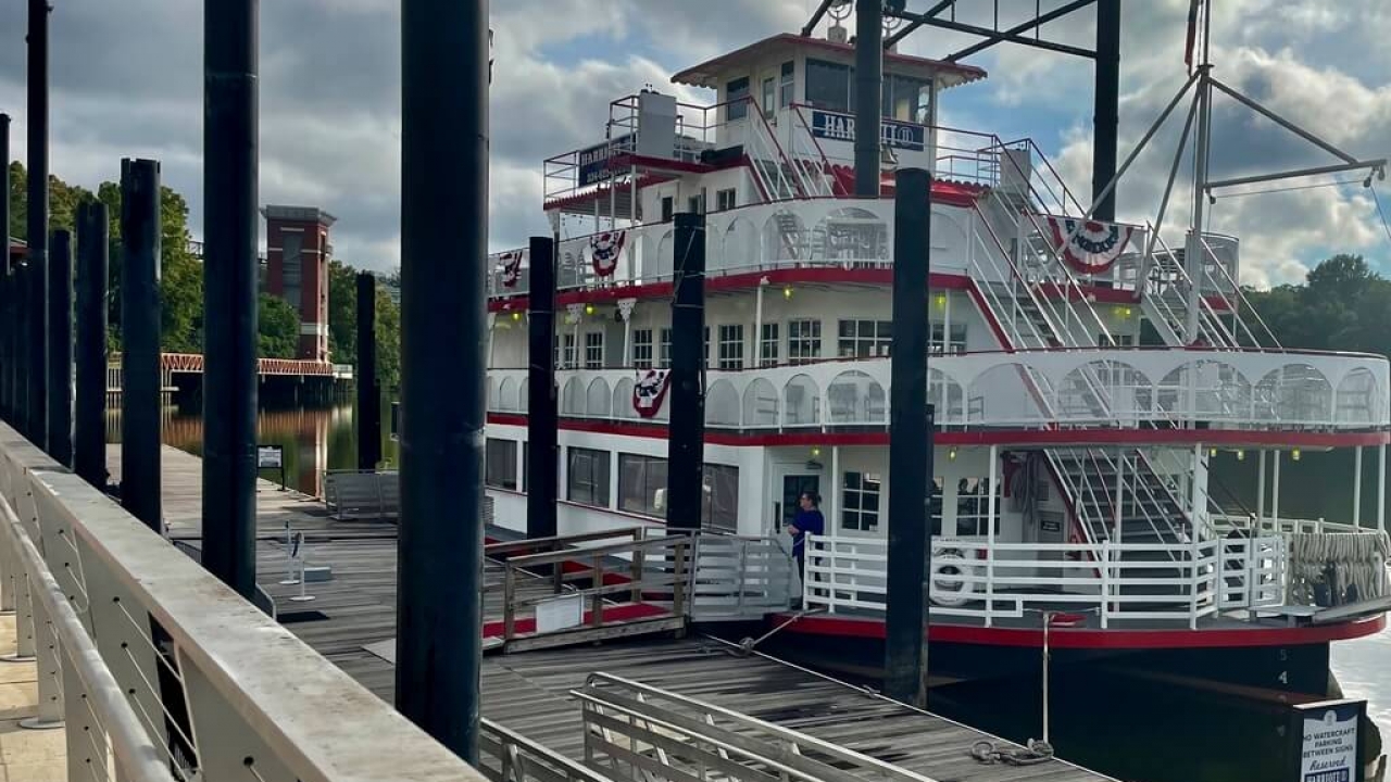 The Harriott II riverboat sits docked in Montgomery, Ala., where a riverfront brawl occurred on Aug. 5