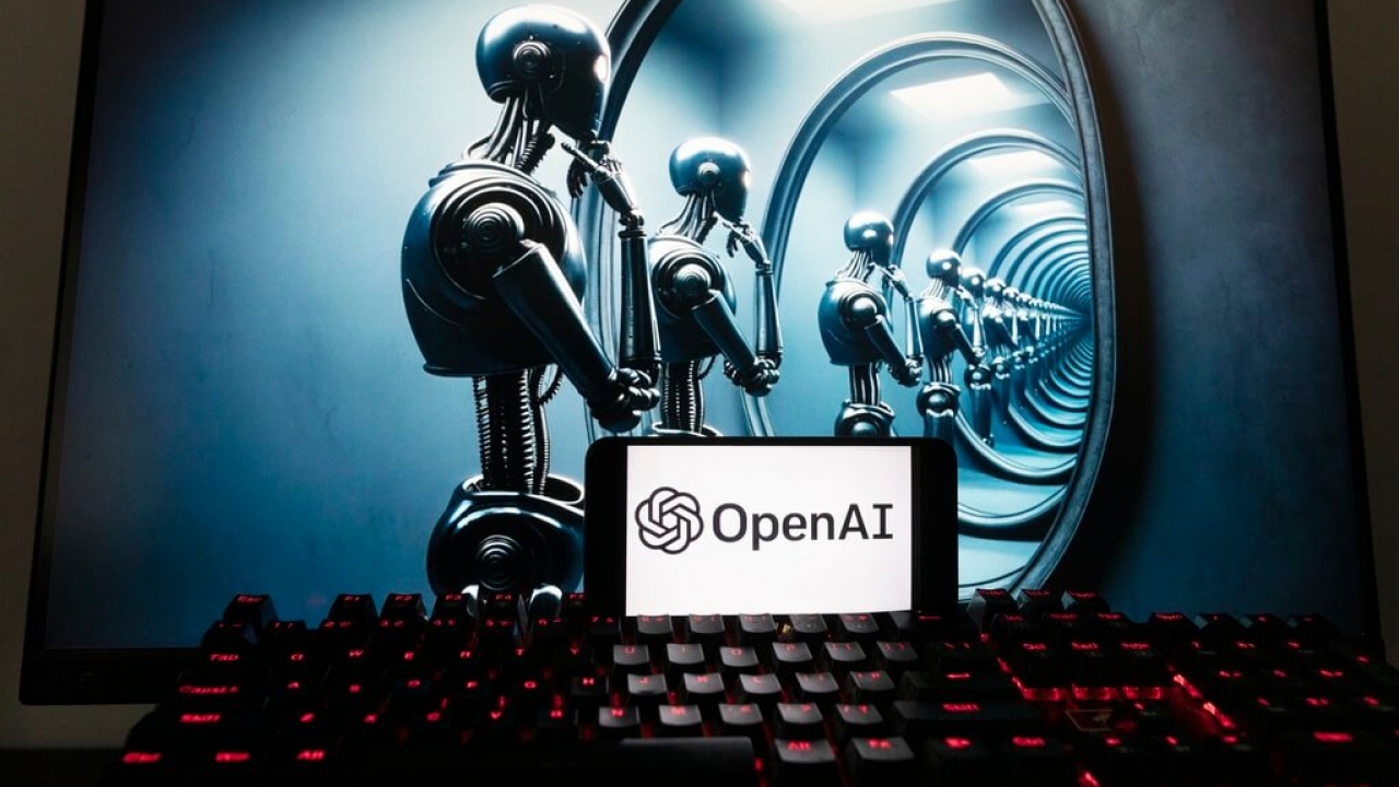 The OpenAI logo is displayed in front of an AI-generated illustration