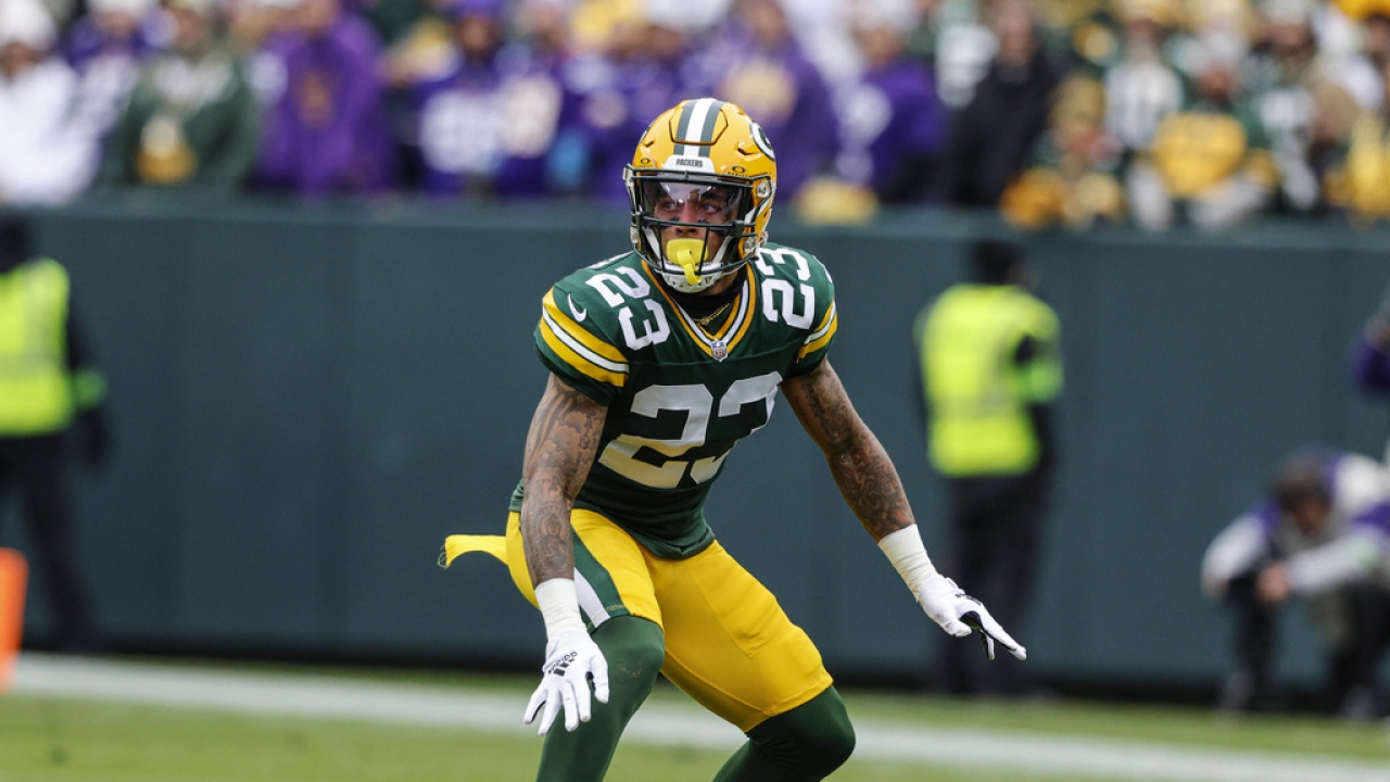 Green Bay Packers cornerback Jaire Alexander (23) plays defense during an NFL football game.