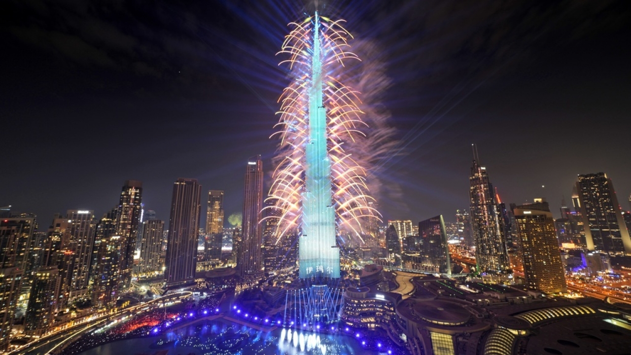 Fireworks explode at the Burj Khalifa, the world's tallest building