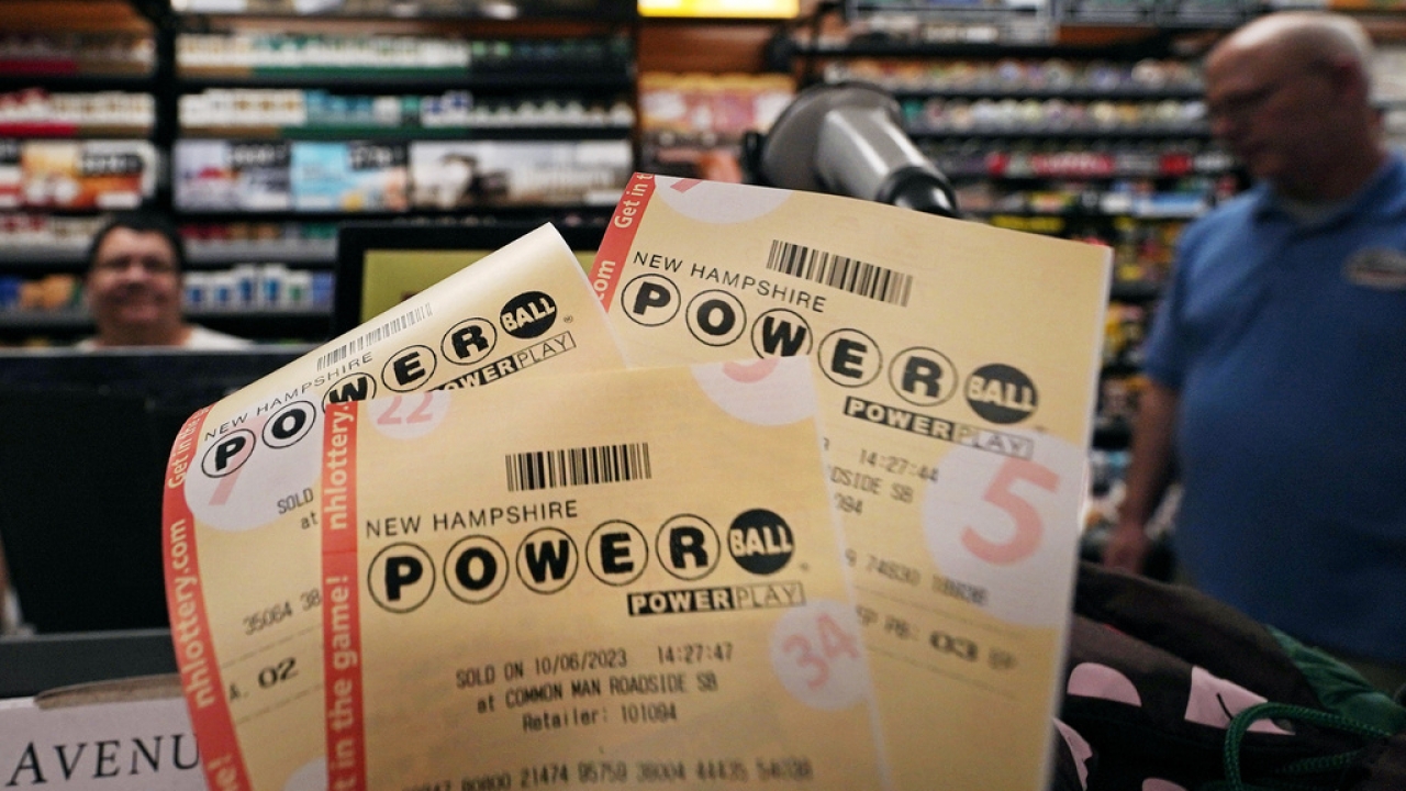 Powerball lottery tickets are displayed at the New Hampshire General Store.