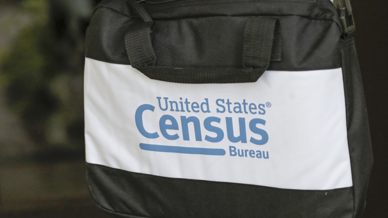 A briefcase of a census taker with the United States Census Bureau logo.