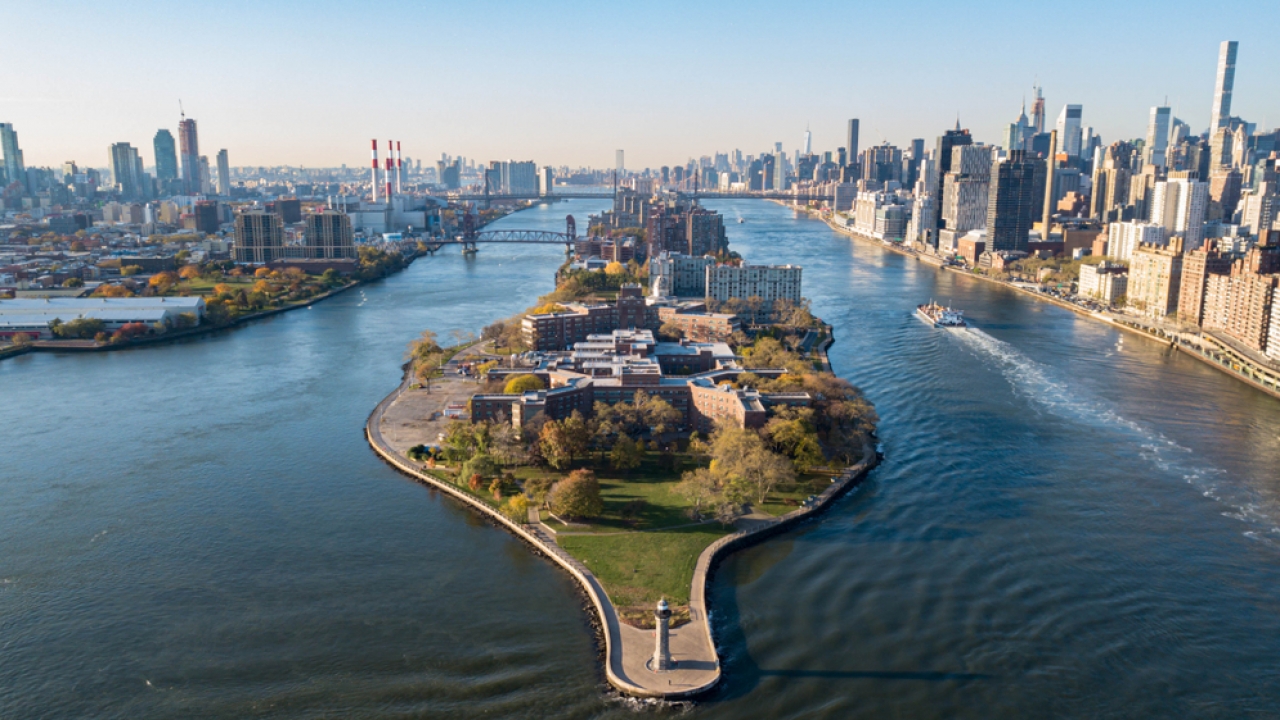 An aerial shot of Lighthouse Park on Roosevelt Island in New York City in 2019.
