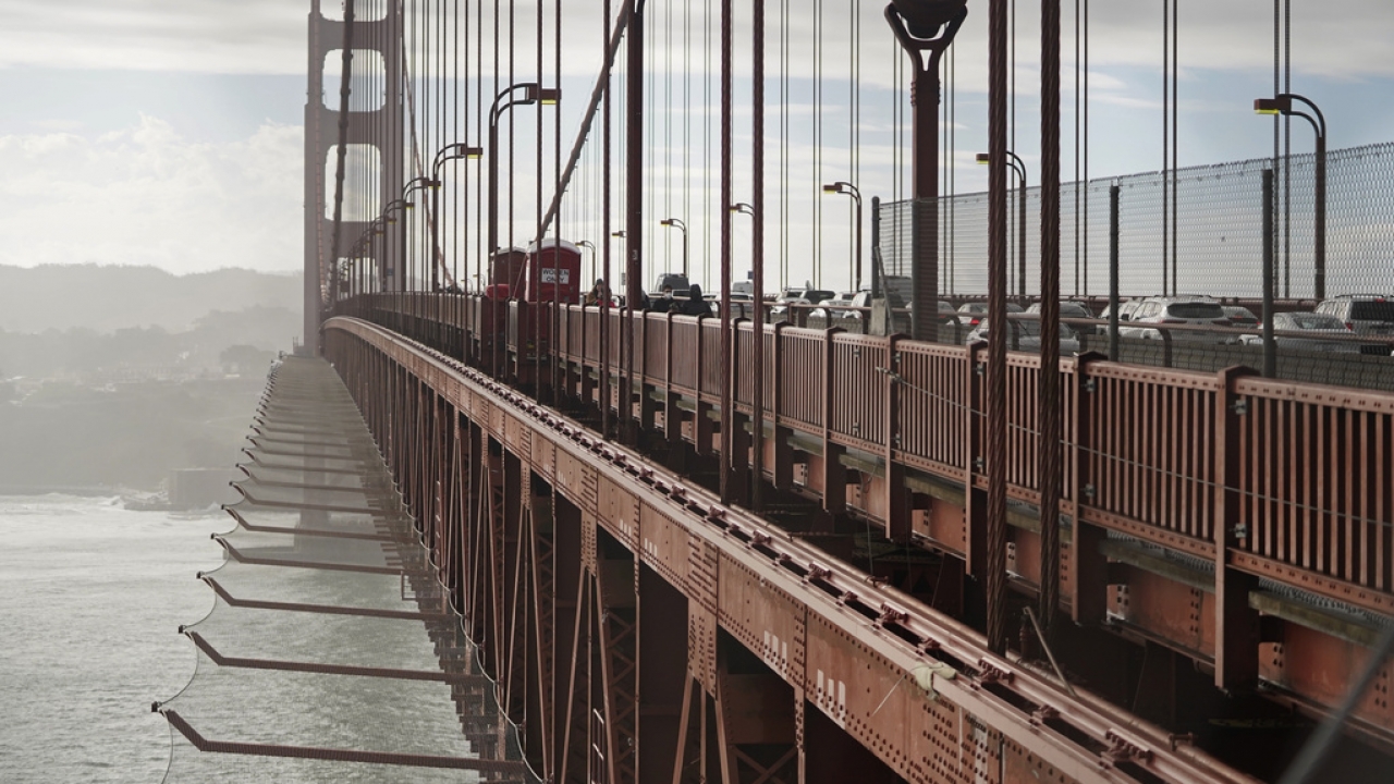 A suicide deterrent net is seen below the roadway on the Golden Gate Bridge in San Francisco.