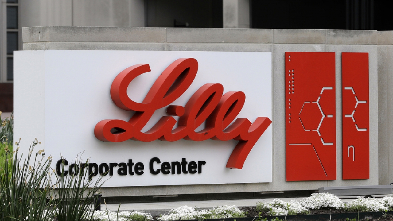 A sign for Eli Lilly & Co. stands outside their corporate headquarters in Indianapolis.