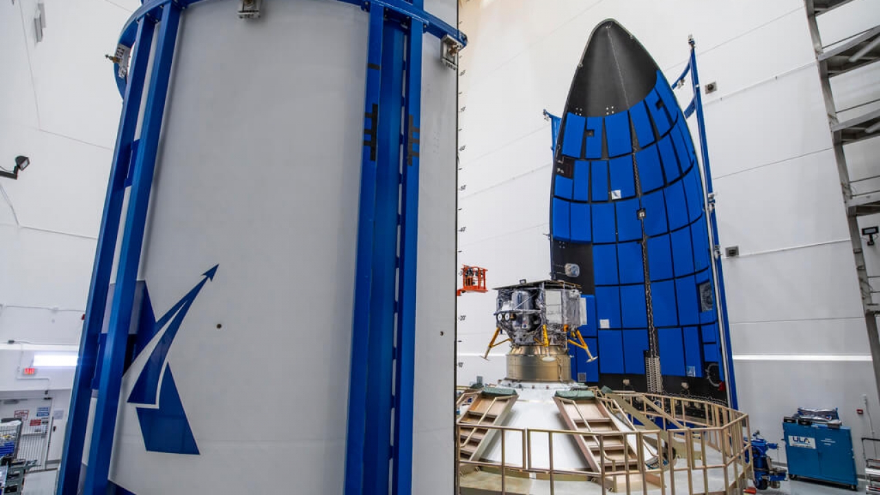 The Astrobotic Peregrine lunar lander is prepared for encapsulation in a payload fairing