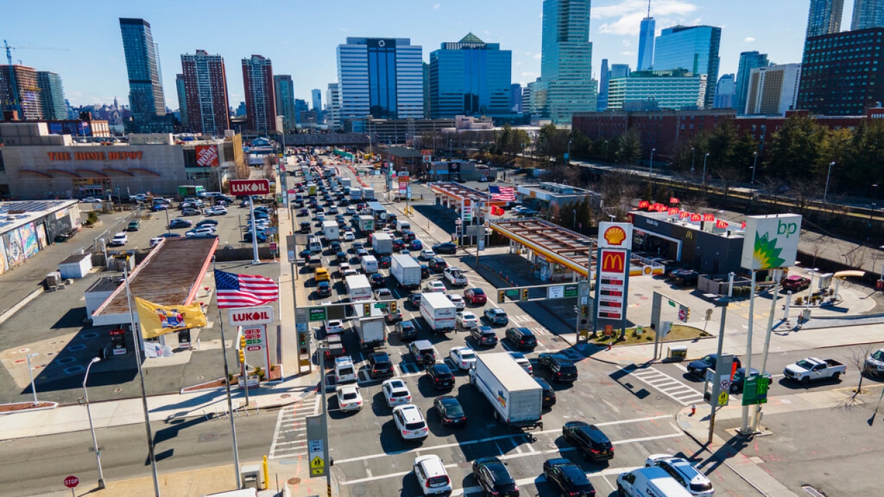Cars wait to enter the Holland Tunnel into New York City