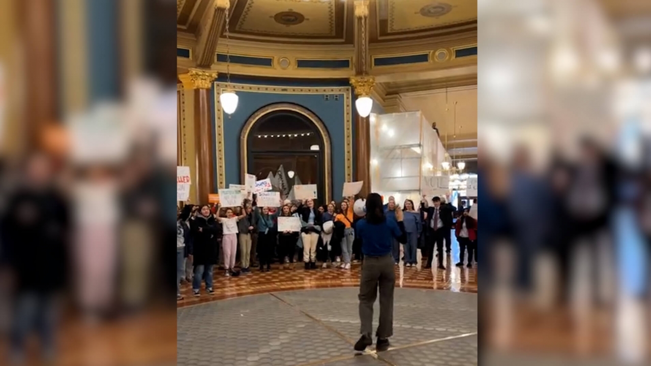 Students protest at the Iowa Capitol.