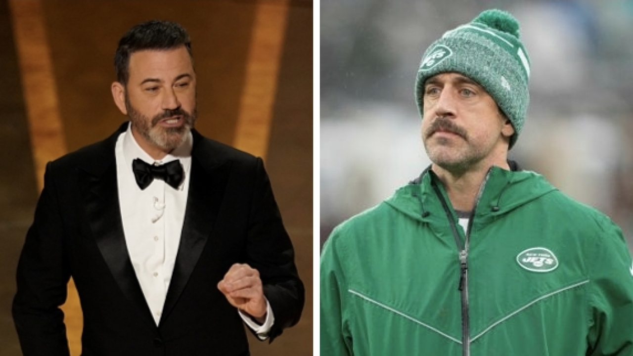 Combination photo shows television host Jimmy Kimmel, left, and NFL quarterback Aaron Rodgers.