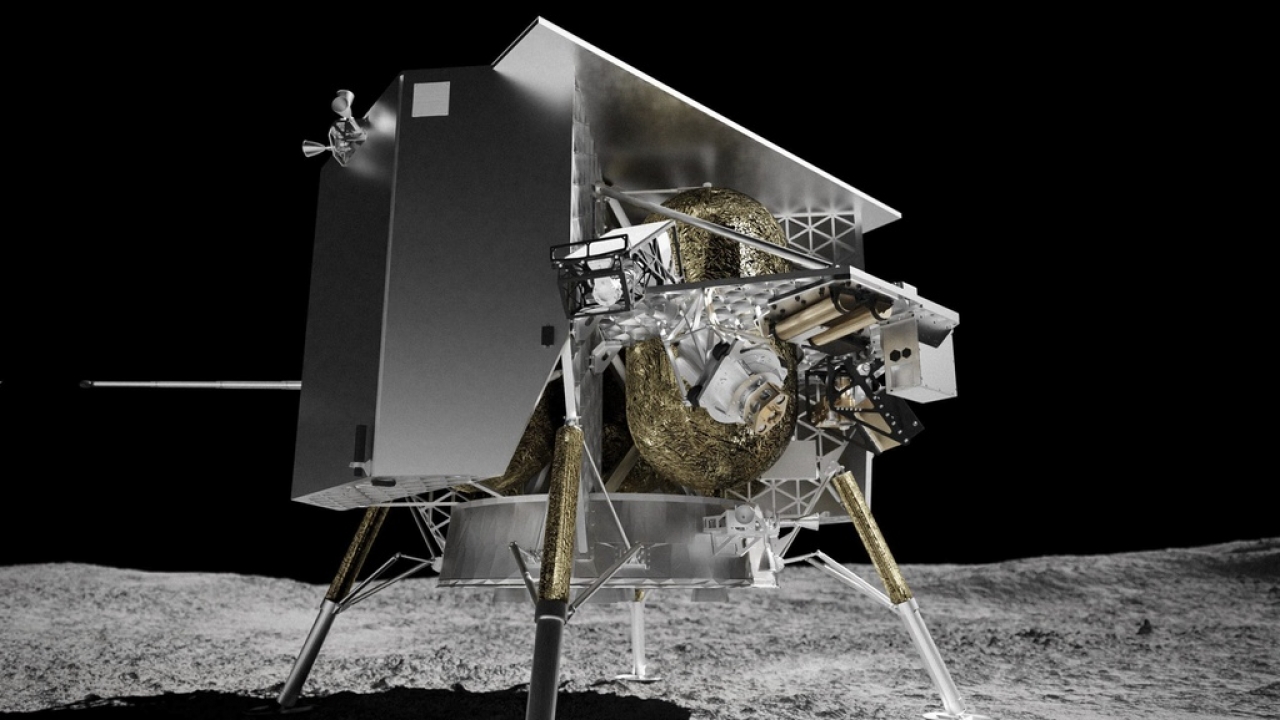 This illustration depicts the Peregrine lunar lander on the surface of the moon.