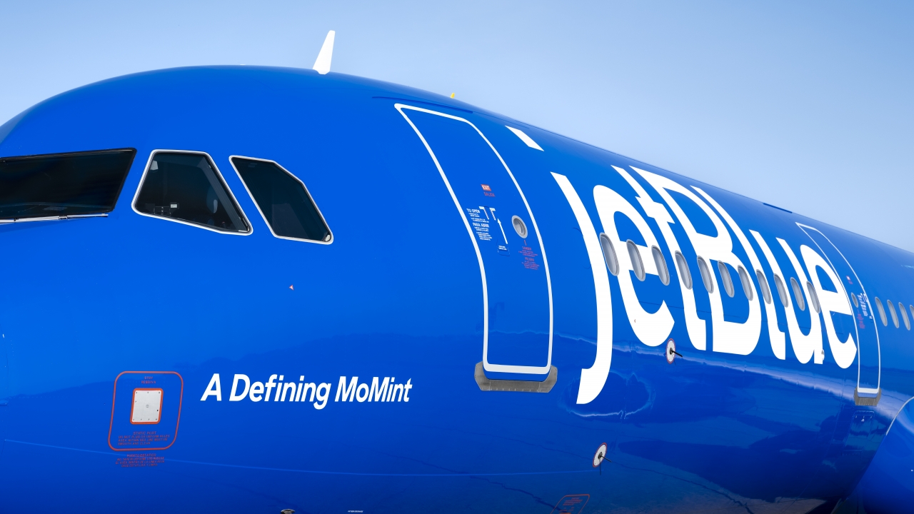 Close-up shot of the front of a JetBlue plane