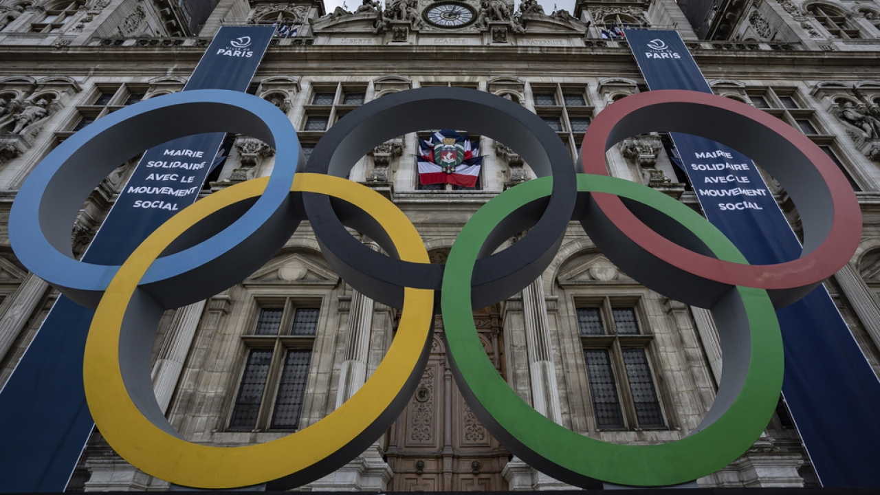 The Olympic rings in front of the Paris City Hall, in Paris.
