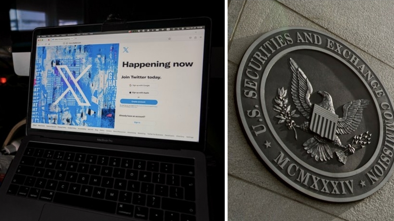 Combination file photo shows the home screen for X — formerly Twitter — alongside the seal of the U.S. SEC.