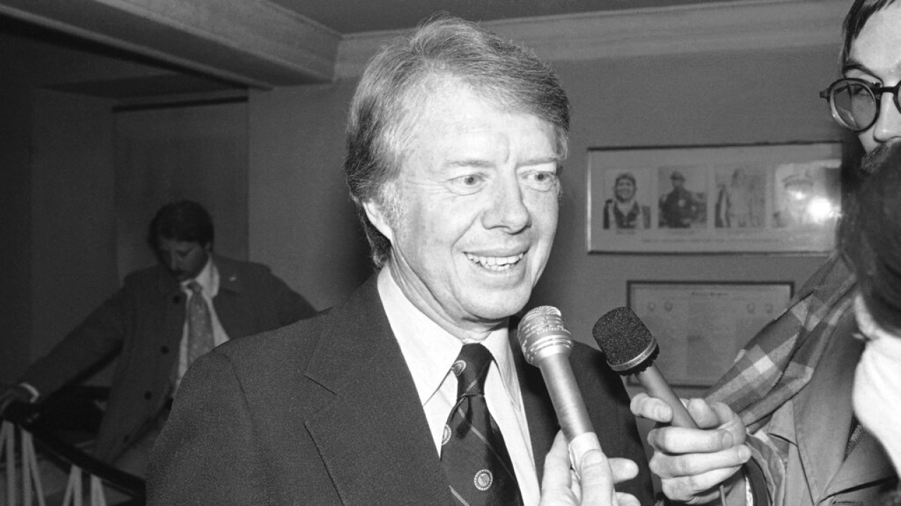 1976 Democratic Presidential candidate and former governor of Georgia Jimmy Carter answering questions.