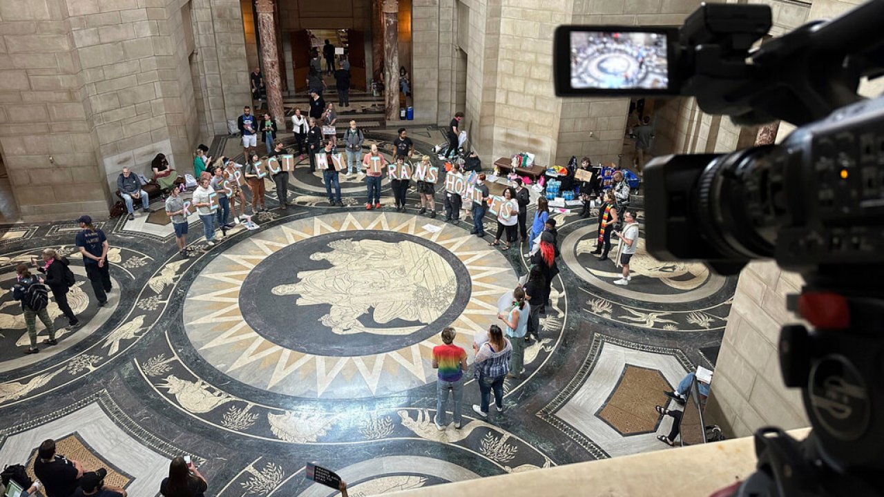 Supporters of transgender rights gather inside the Nebraska State Capitol building