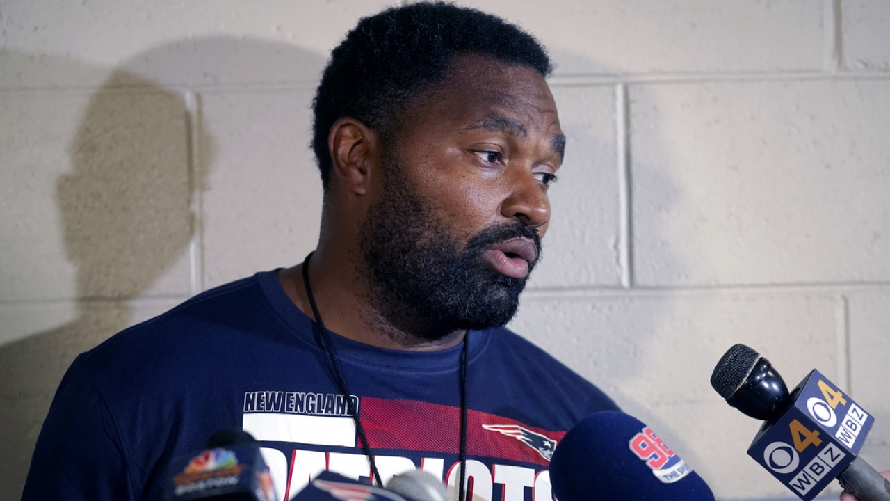 New England Patriots coach Jerod Mayo takes questions from reporters.