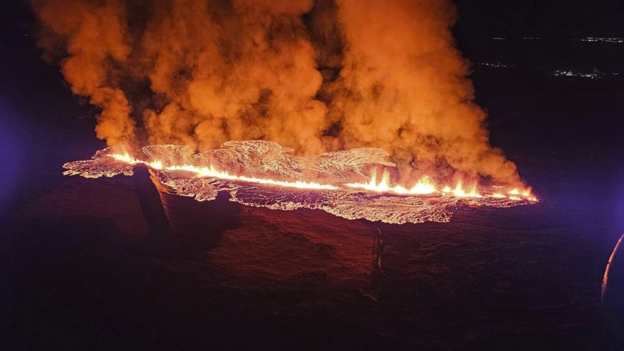 A view of lava as the volcano erupts near Grindavík, Iceland, Sunday, Jan. 14. 2024.