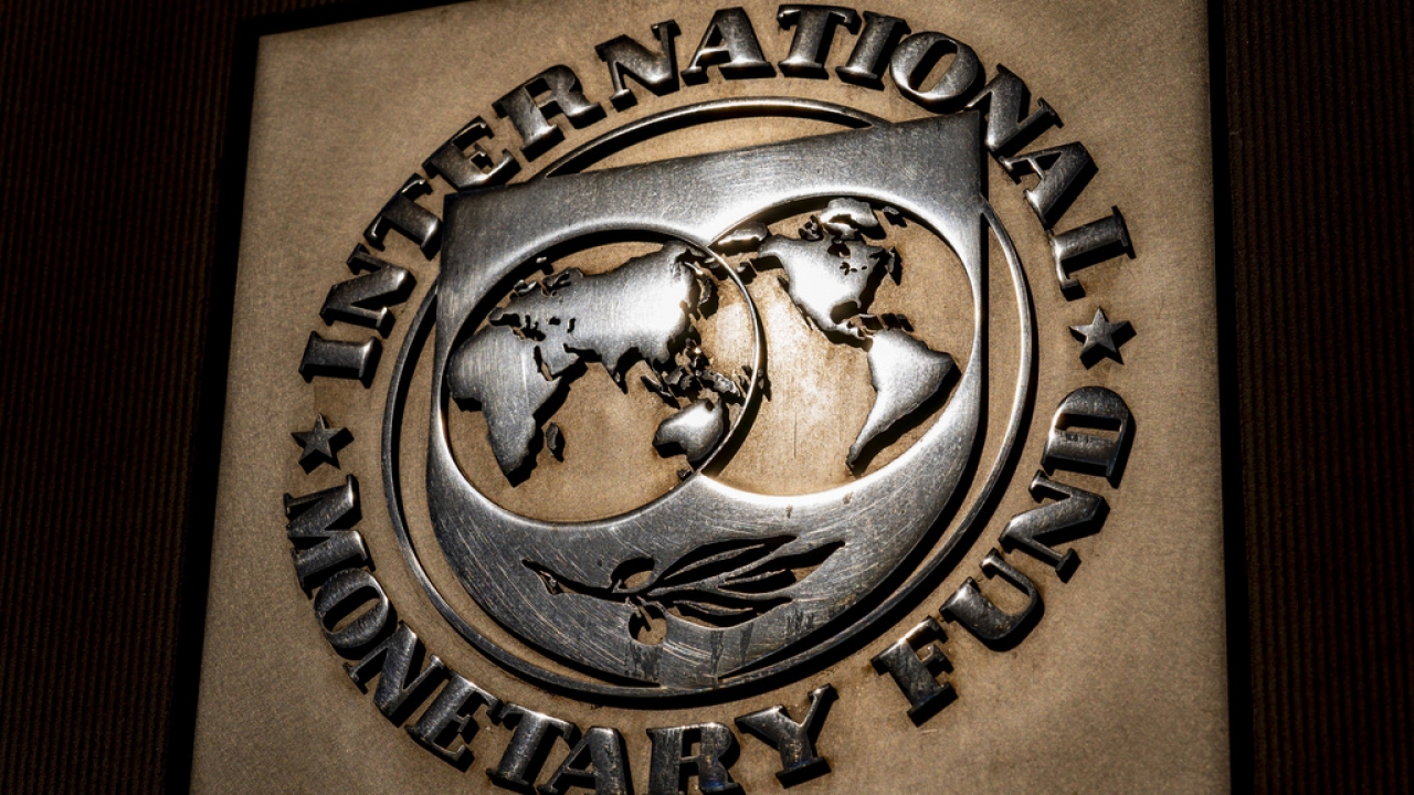 The logo of the International Monetary Fund is visible on its building in Washington.