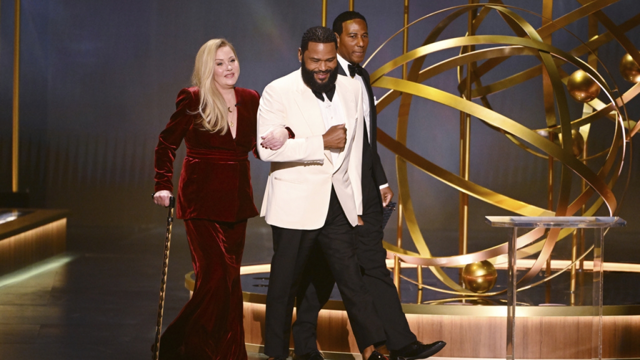 Christina Applegate arrives on stage at the 75th Emmy Awards.