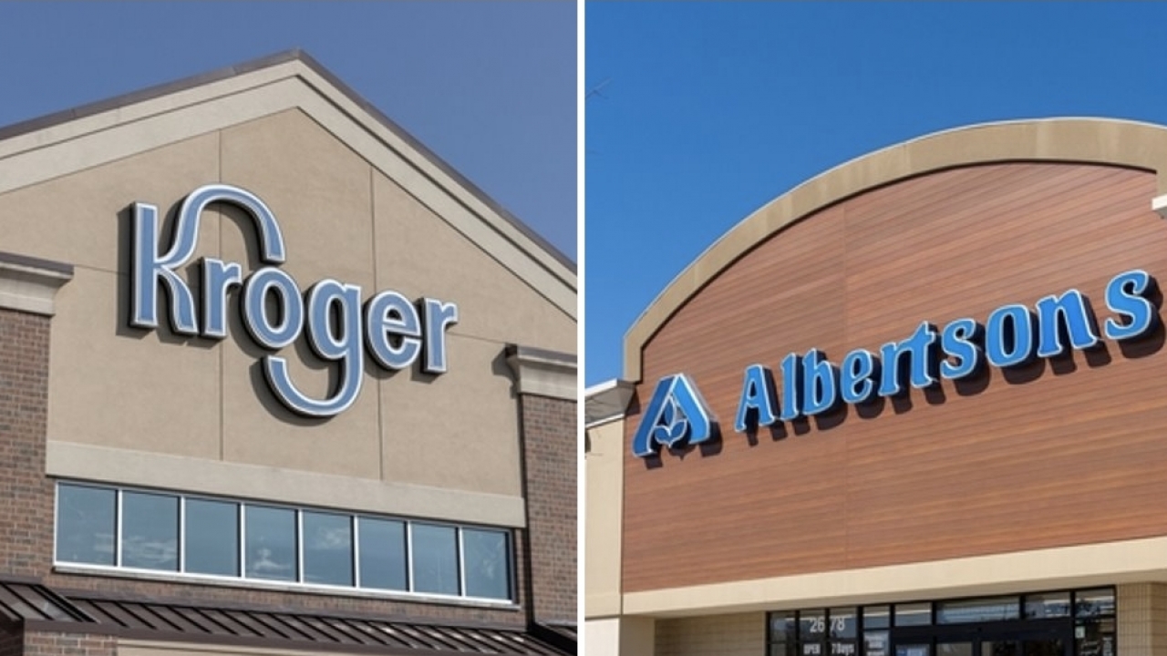 Combination photo of Kroger and Albertsons grocery stores.