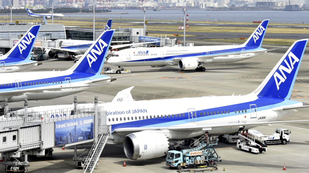 All Nippon Airways airplanes lined up at Haneda airport in Tokyo