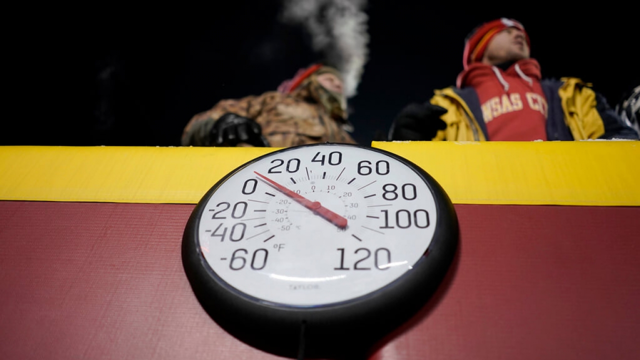 A thermometer at a recent NFL game measures below-freezing temperatures