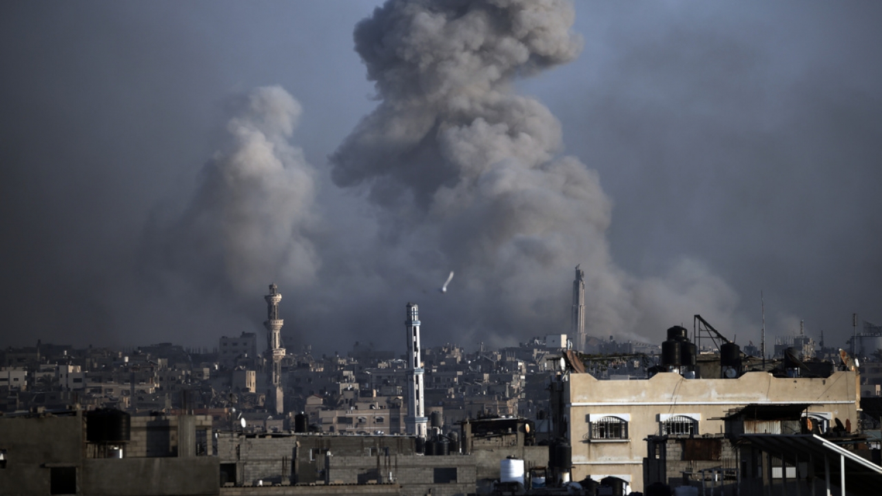 Smoke rises following Israeli bombardments in Khan Younis, southern Gaza Strip