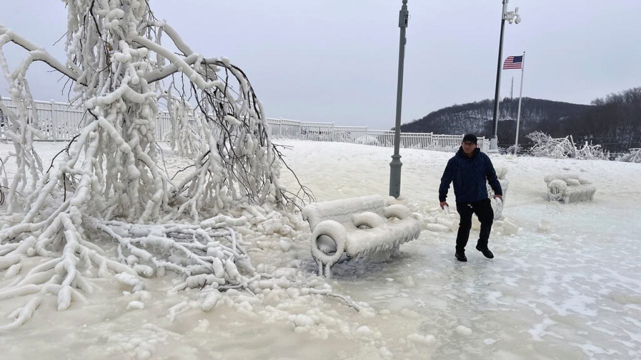 Ice covers trees and benches in New Jersey