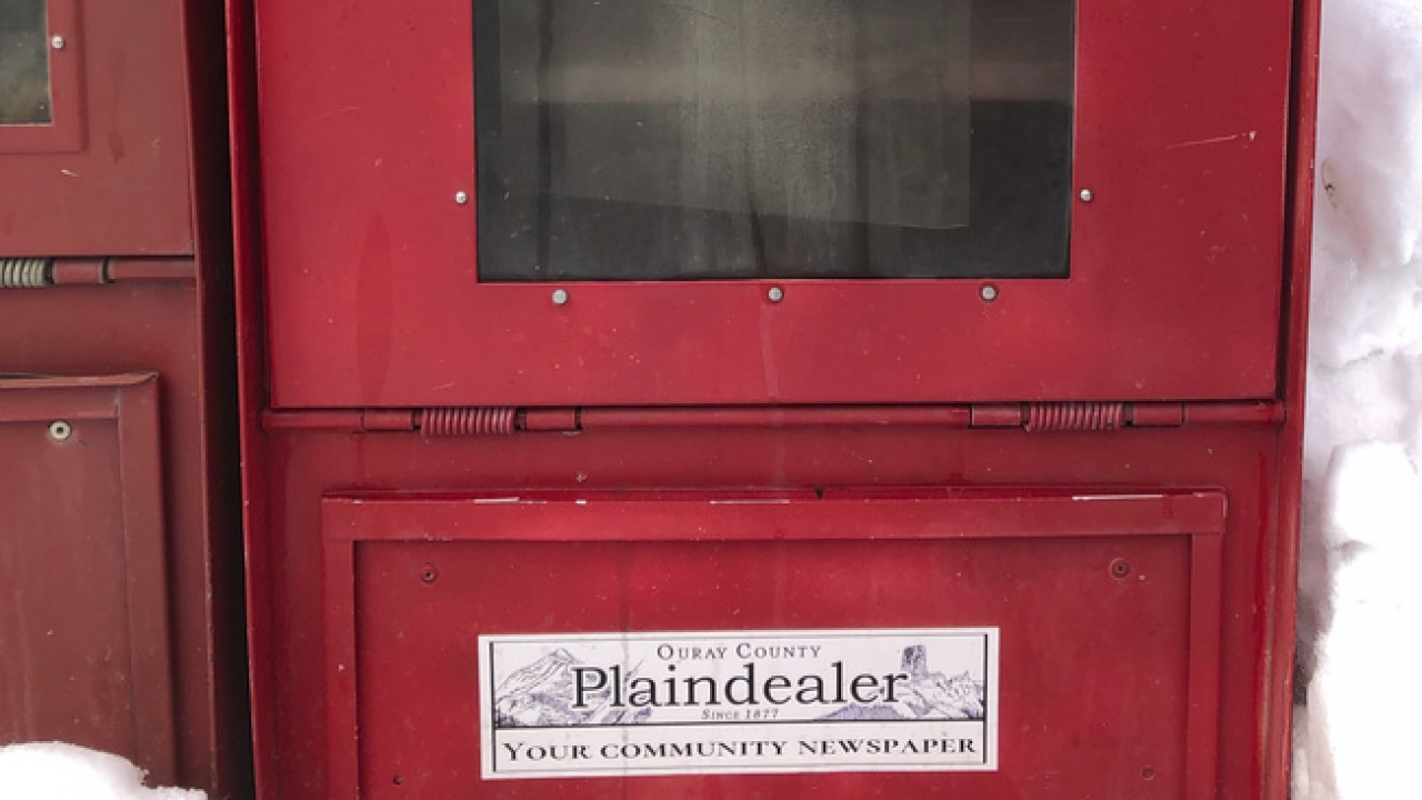 An empty newspaper rack for the Ouray County Plaindealer is show on Thursday, Jan. 18, 2023.