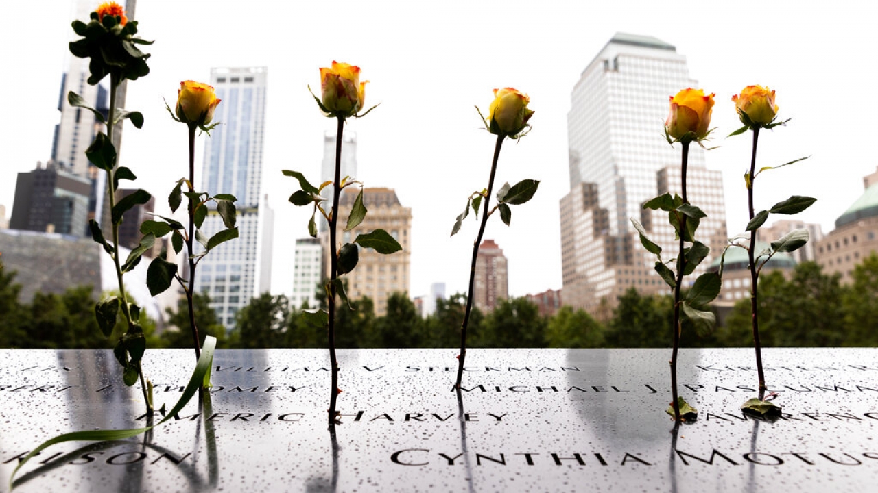 Flowers are placed at the National September 11 Memorial & Museum in New York.