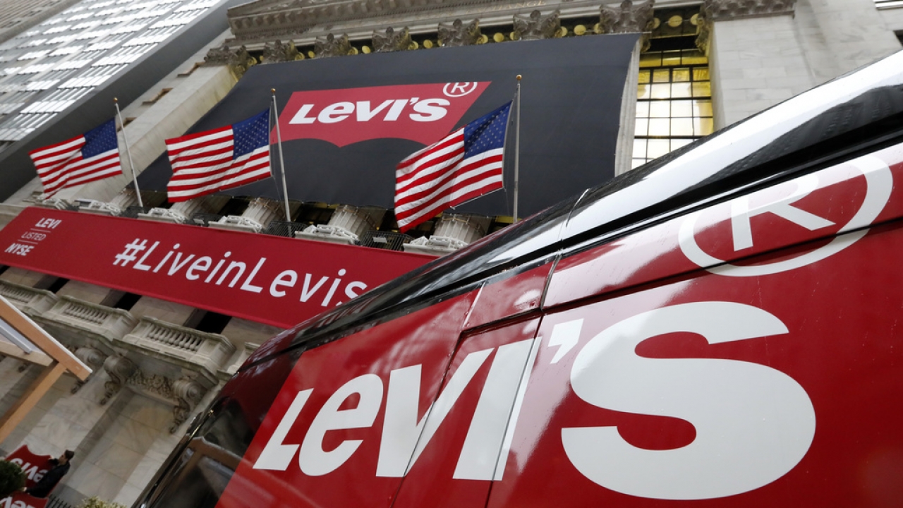 Levi's banner adorns the facade of the New York Stock Exchange.