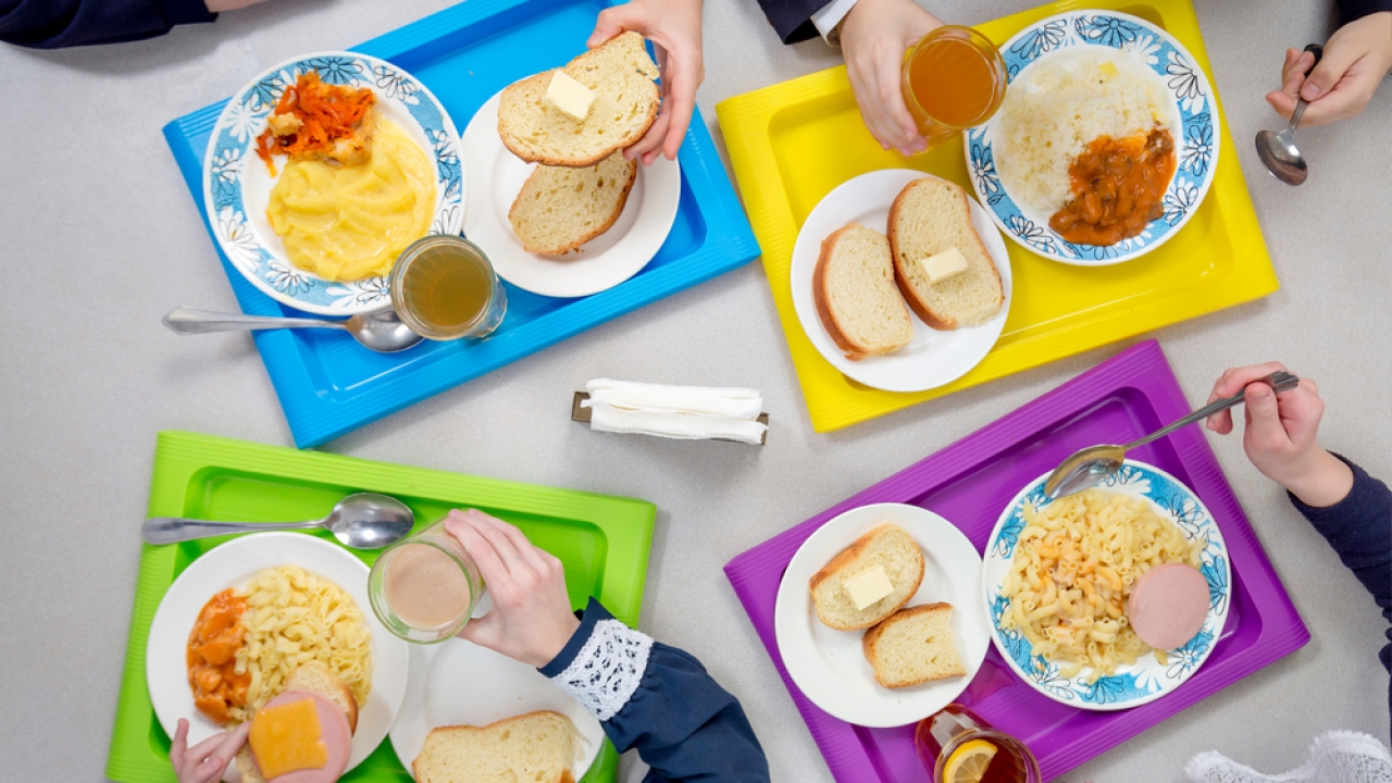 Colorful school lunch cafeteria trays with a variety of food.