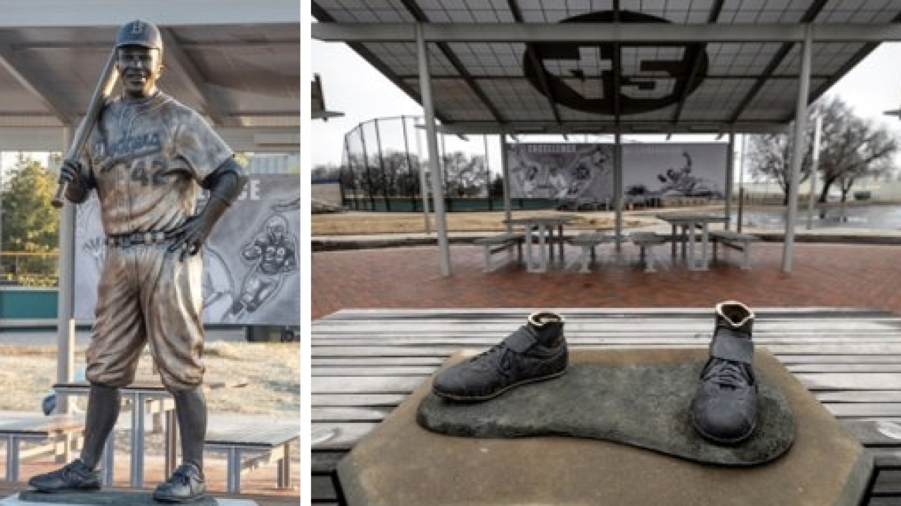 Combination photo shows a statue of Jackie Robinson and its remains after it was stolen.