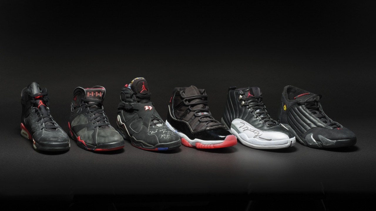 A collection of sneakers dubbed the "Dynasty Collection" that superstar Michael Jordan wore winning NBA championships.
