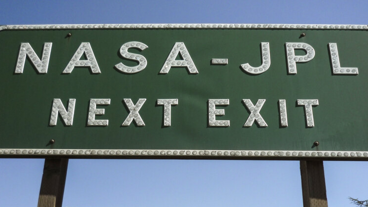 A freeway off ramp sign at the NASA-JPL exit on the CA-210 Freeway in Pasadena, Calif.