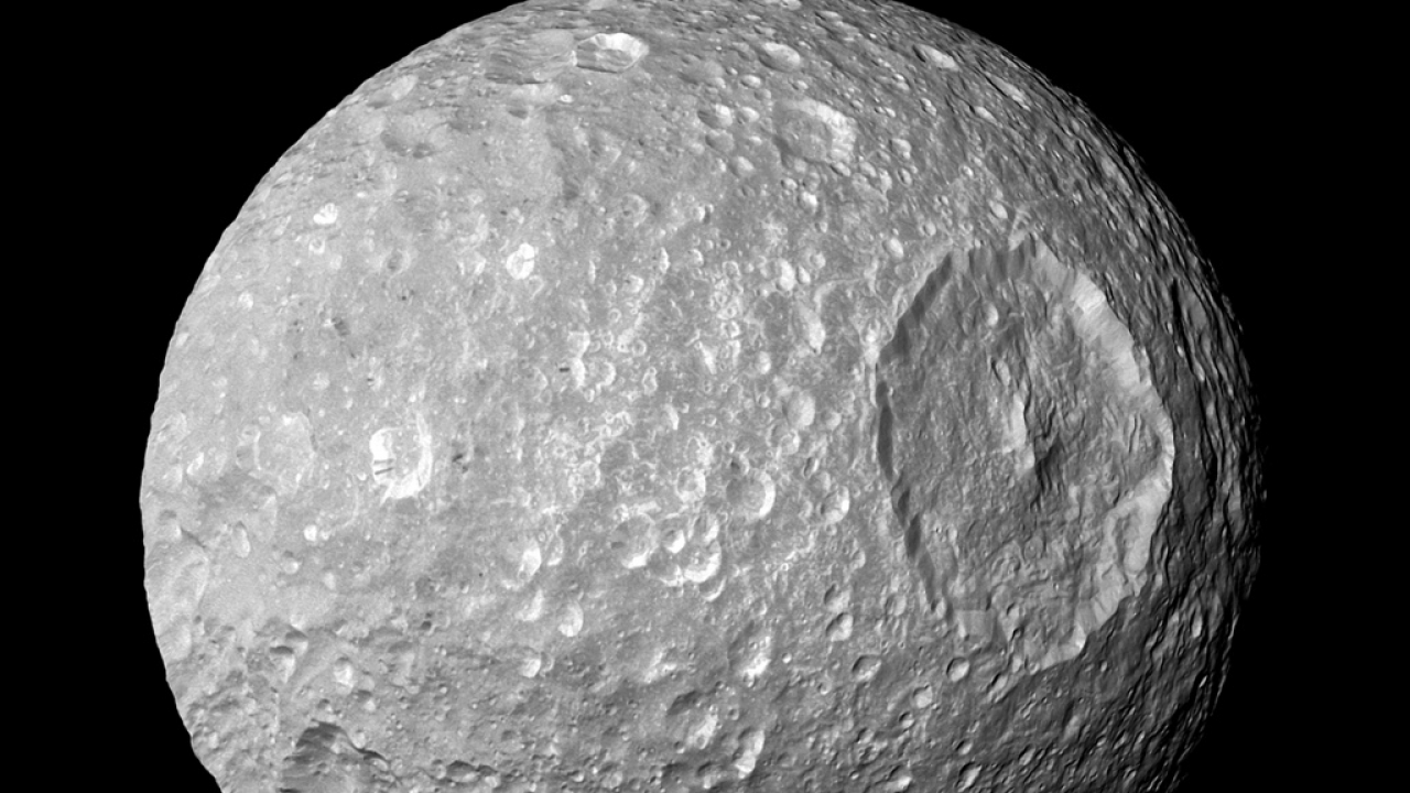 Saturn's moon Mimas, as captured by the Cassini spacecraft