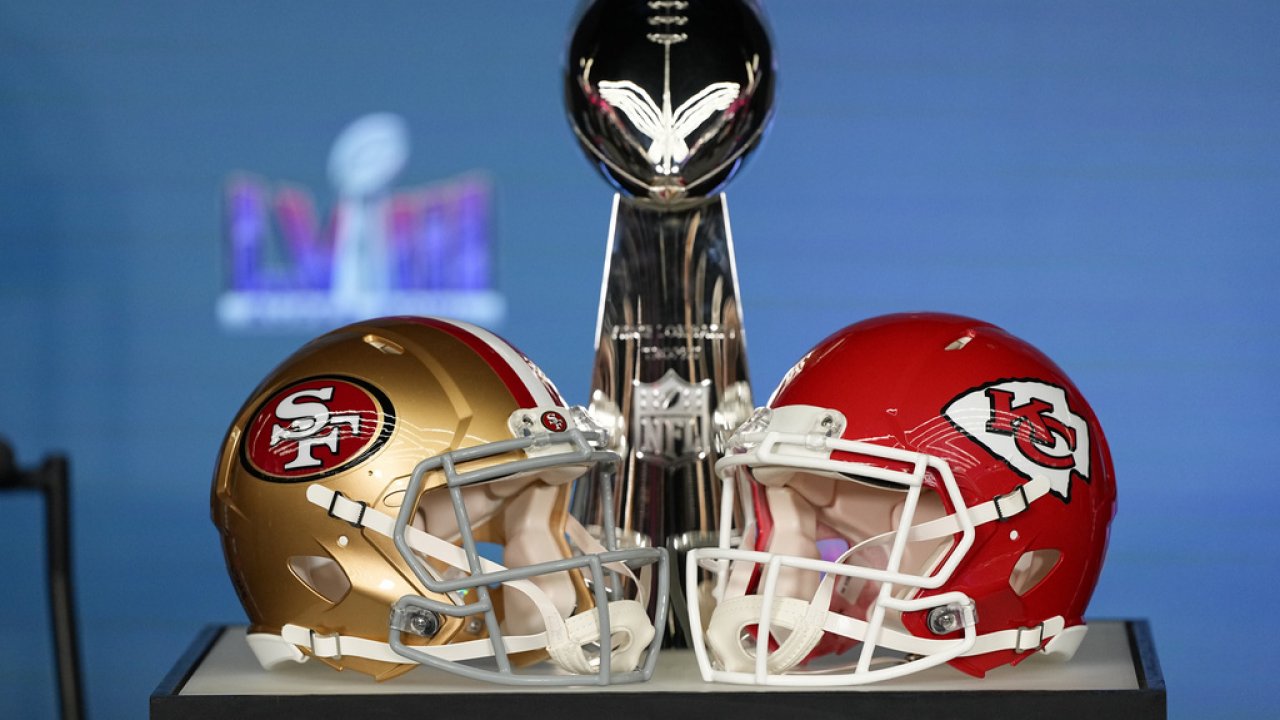 The trophy and helmets are on display ahead of NFL Super Bowl LVIII.