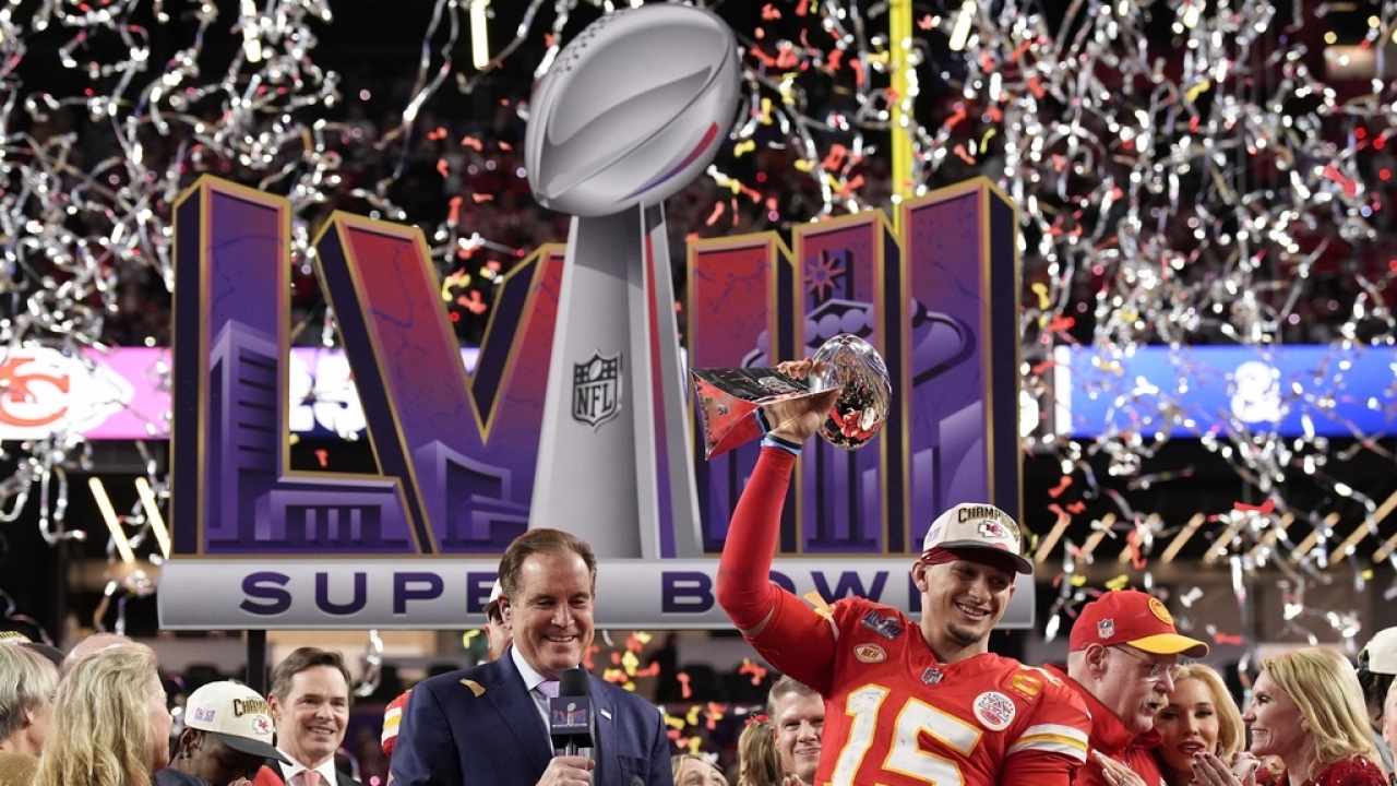 Kansas City Chiefs quarterback Patrick Mahomes celebrates Super Bowl win.