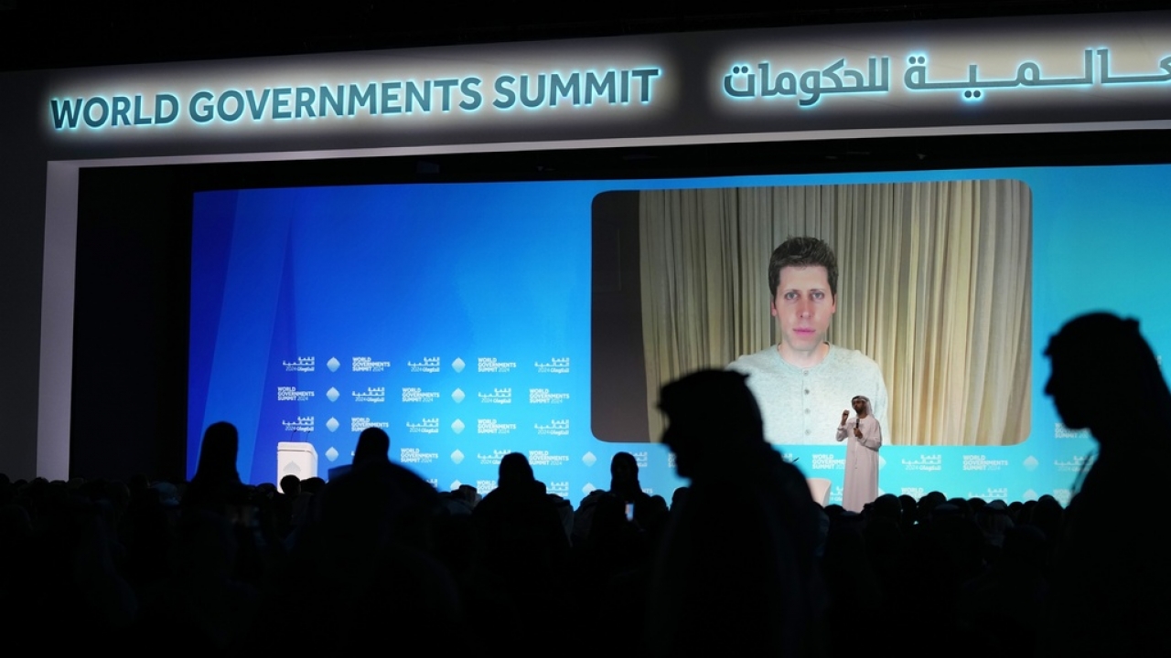 OpenAI CEO Sam Altman talks on a video chat during the World Government Summit.