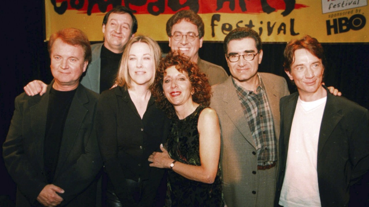 'SCTV' cast Dave Thomas, Joe Flaherty, Catherine O'Hara, Andrea Martin, Harold Ramis, Eugene Levy and Martin Short pose in 1999