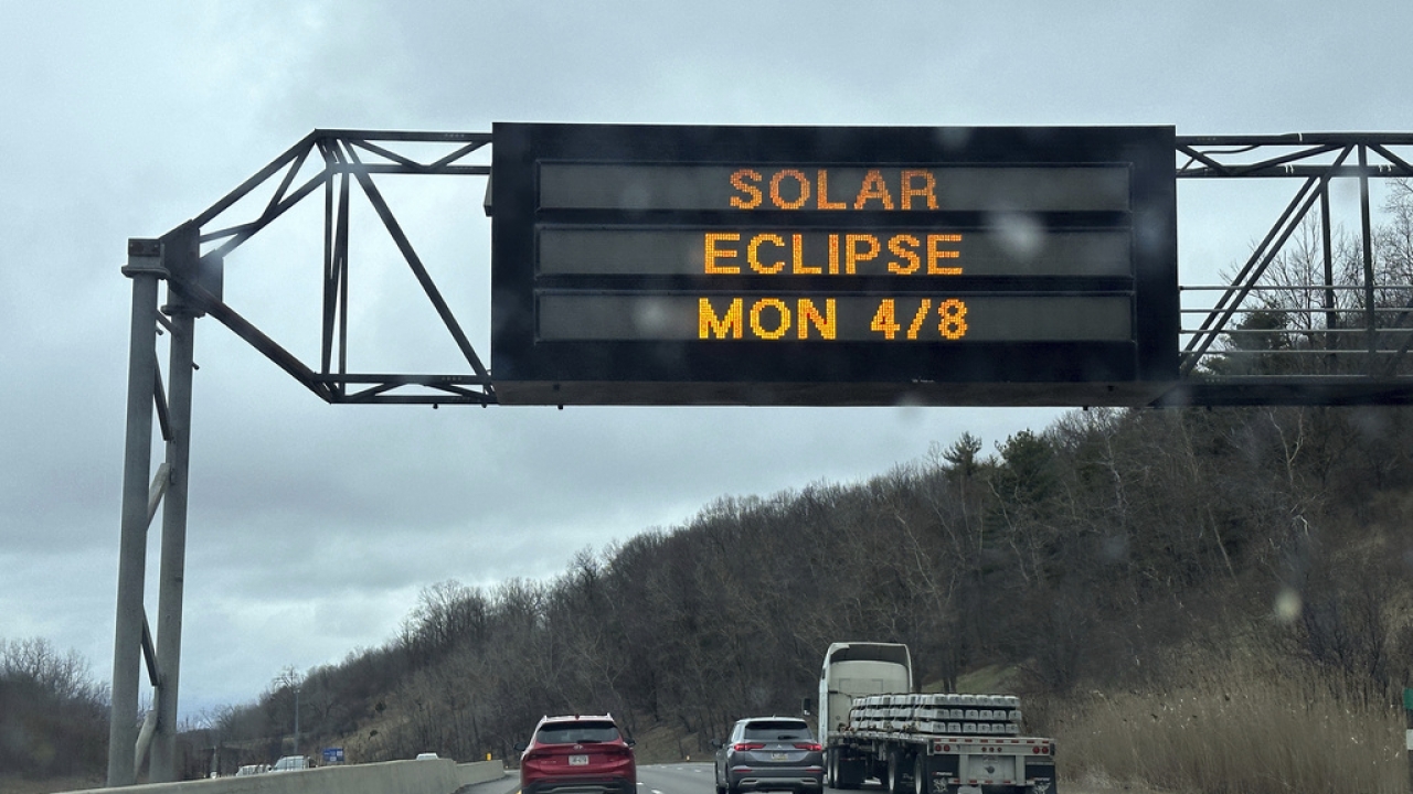 A Solar Eclipse sign is on Interstate 81 in Binghamton, New York.