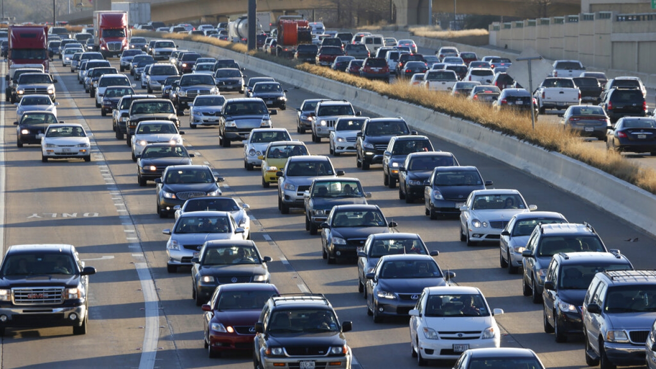 Traffic stacks up on a highway in Dallas.