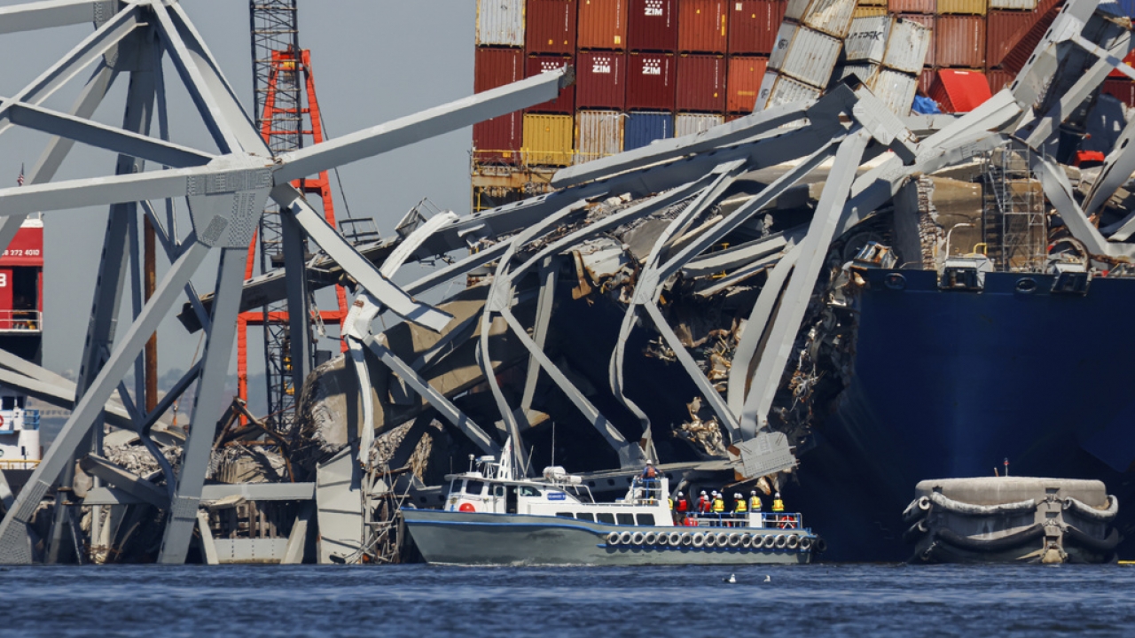 Cleanup crews at the site of the collapsed Francis Scott Key Bridge collapse in Baltimore.